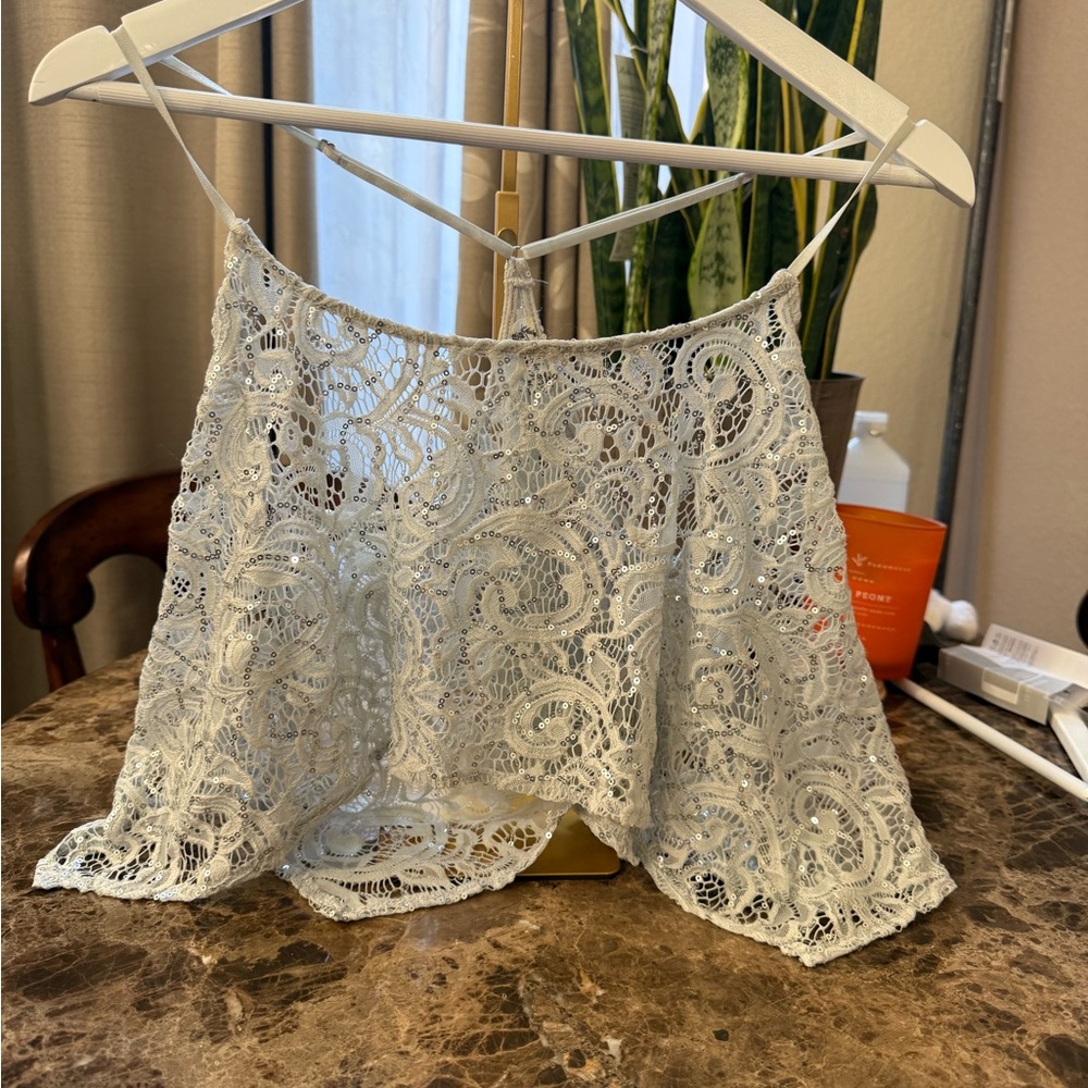 Free People NWOT Sequin Lace Cropped Cami Tank Scoop Neck Rise Intimately Sz XS - Picture 3 of 10